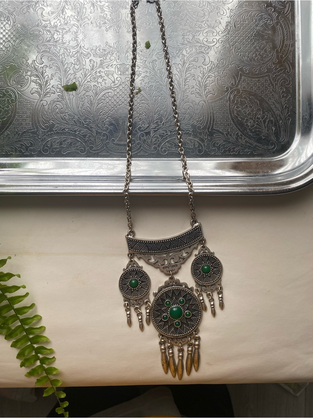 Bohemian Silver-Tone Statement Necklace with Green Accents